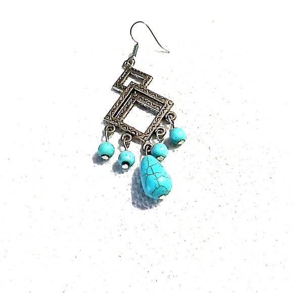 Turquoise Antique Silver Dangle Earrings 2.25" Drop - Picture 3 of 14